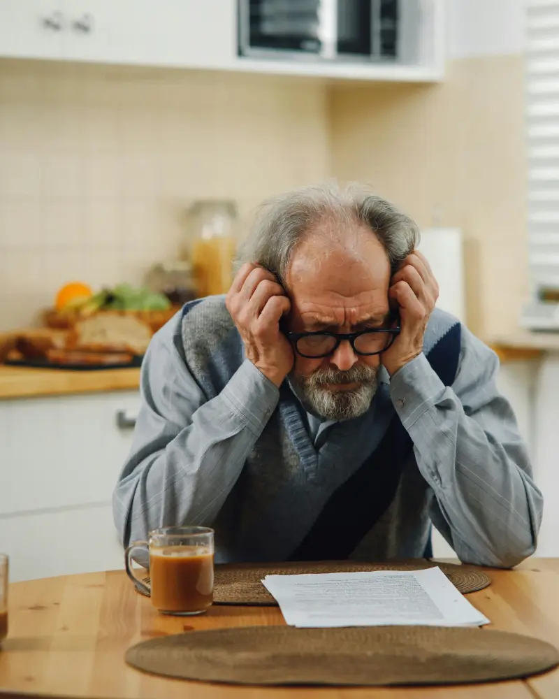 Aelterer Mieter prueft Kuendigungsschreiben in der Kueche
